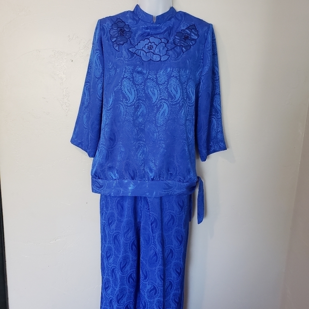 Pykettes Vintage 2 Piece Outfit Set Blue Paisley Large Granny Cottagecore